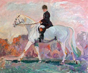 Zohar Bendov on a grey hunter OCH, an oil painting by Gail Guirreri-Maslyk