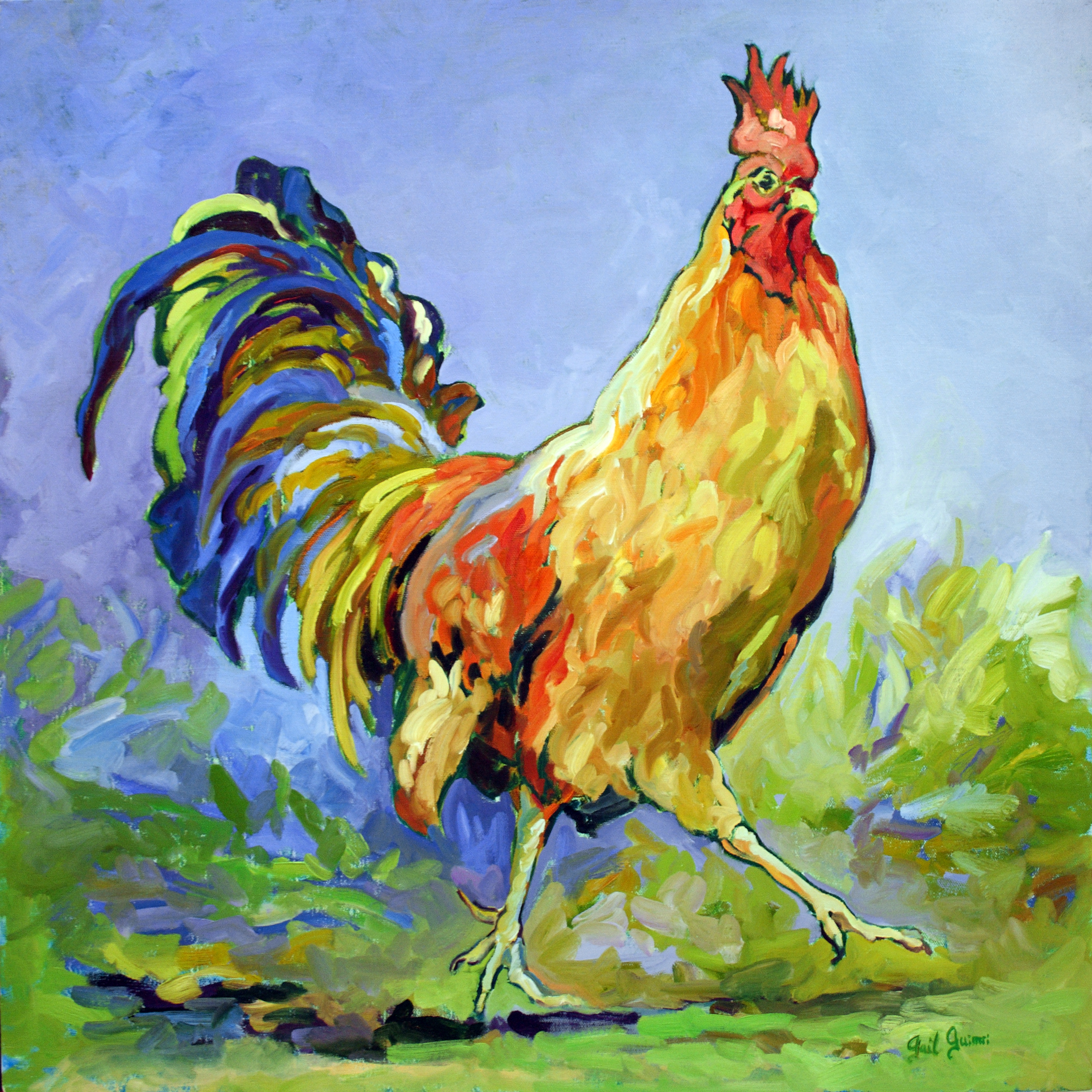 Rooster, XVII, is a painting by Gail Dee Guirreri Maslyk.