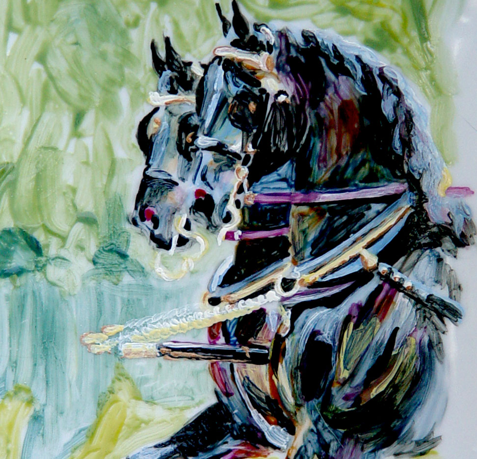 Friesians hand painted serving plate detail by Gail Guirreri-Maslyk