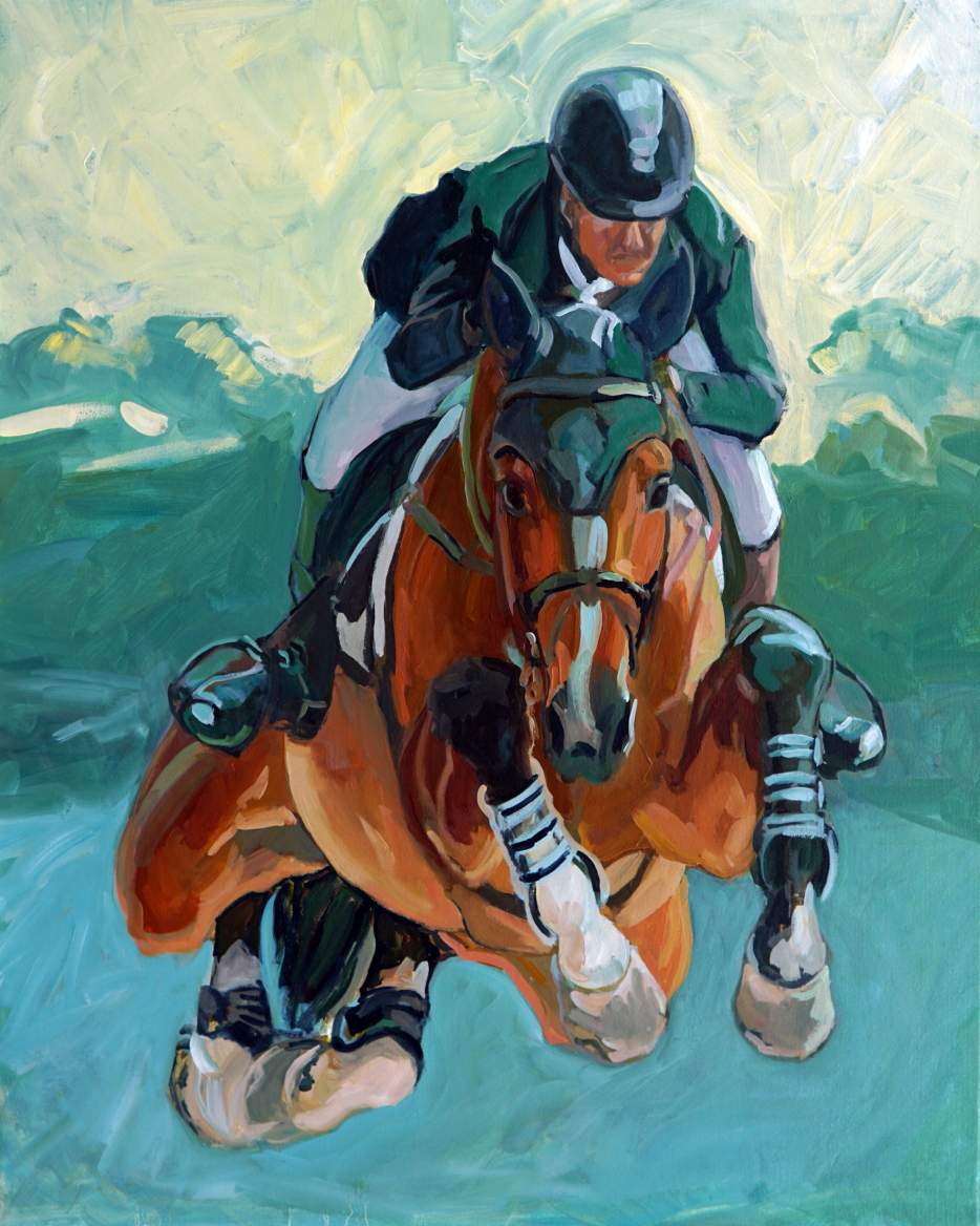 Oil painting of McLain Ward winning Upperville Colt and Horse Show Grand Prix in 2023 aboard Quimi del Maset