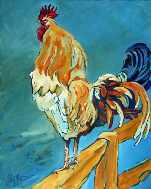 Rooster Morning, is a painting by Gail Dee Guirreri Maslyk.