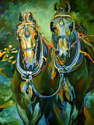 Friesians, four in hand, is a painting by Gail Dee Guirreri Maslyk.