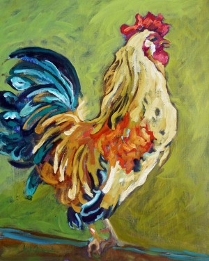 Rooster Study in Orange and Green, is a painting by Gail Dee Guirreri Maslyk.
