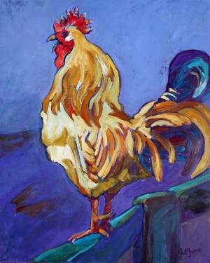 Rooster Study in Teal and Plum, is a painting by Gail Dee Guirreri Maslyk.