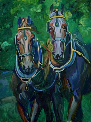 Friesians Four in Hand, II, is a painting, alla prima by Gail Dee Guirreri Maslyk.