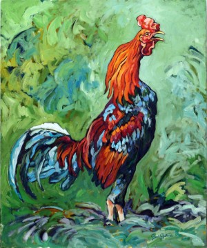 Rooster XIV, is a painting by Gail Dee Guirreri Maslyk.