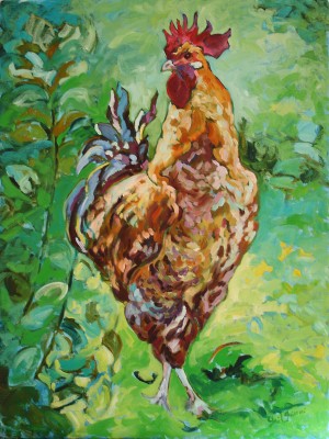 Rooster, XVI, is a painting by Gail Dee Guirreri Maslyk.