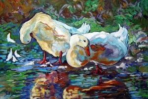 Afternoon Grooming, Ducks IV, is an oil painting by Gail Dee Guirreri Maslyk.