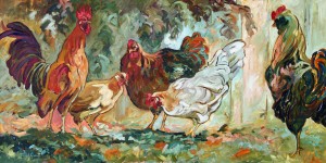 Roosters in the Landscape, is a painting by Gail Dee Guirreri Maslyk.