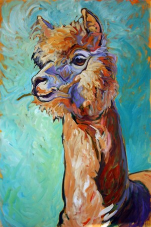 Courageous Sam, an alpaca portrait, is a painting by Gail Dee Guirreri Maslyk.