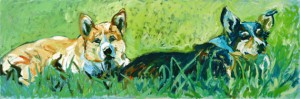 Sunning Corgies, I, is a painting by Gail Dee Guirreri Maslyk.