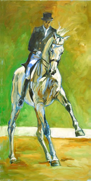 Blue Horse Matine and Andreas Helgstrand, is a painting by Gail Dee Guirreri Maslyk.