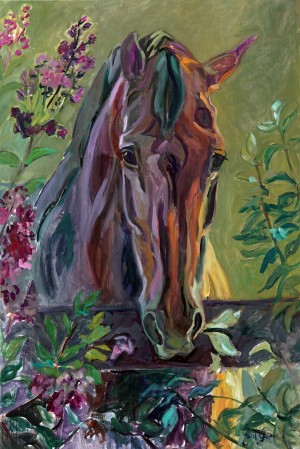 Showbiz, a portrait of a grand Dutch KWPN mare by Jazz is an impressionist painting in oil by Gail Guirreri.