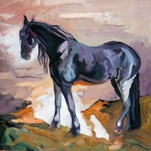 Friesian Mare in the Stables is an oil on canvas painting by Gail Guirreri-Maslyk.