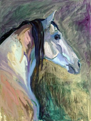 Holsteiner Stallion portrait, R-Flash-Gordon is an oil on canvas painting by Gail Guirreri-Maslyk.