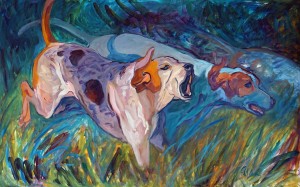 Full Cry is a painting of hounds on scent by Gail Guirreri-Maslyk.