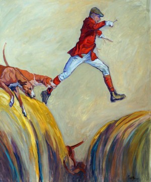 OCH Hunting on foot with Reg Spreadborough, painting by Gail Guirreri-Maslyk, reference photo by Liz Calar.