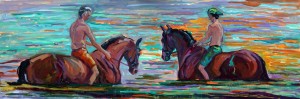 The Sun Bathers, dressage horses resting in water and light, is a painting of the High Point Hanoverian's team taking a well deserved summer break.