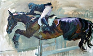Grand Prix Jumper on a Grass Field is a large painting by Gail Guirreri-Maslyk.