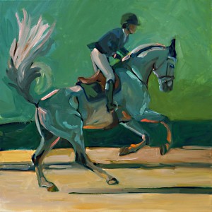 The Jumper Ring Upperville, II is an oil painting study in greens of a dynamic lead change of a show jumper.