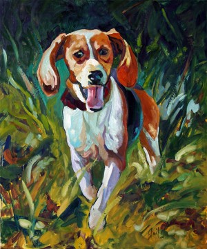 Jingles, is a beagle portrait painting by Gail Guirreri-Maslyk.